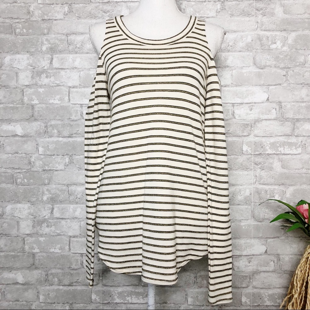 NWT CHASER Long Sleeve Cold Shoulder Top with Black & Metallic Gold Stripes Med